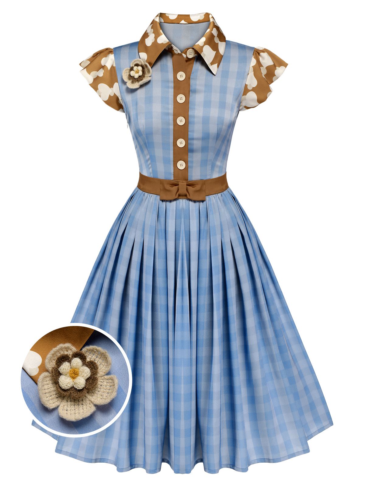 Blue Lapel Bow Decor Plaids Patchwork Dress