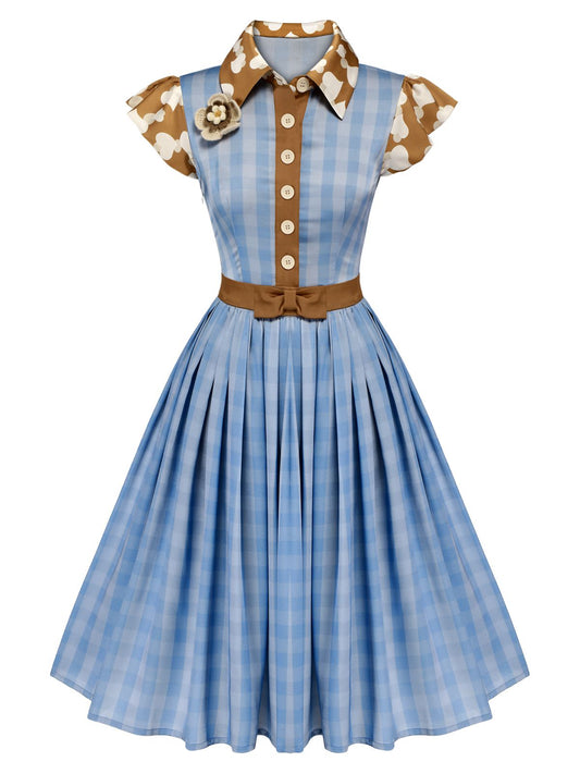 Blue Lapel Bow Decor Plaids Patchwork Dress