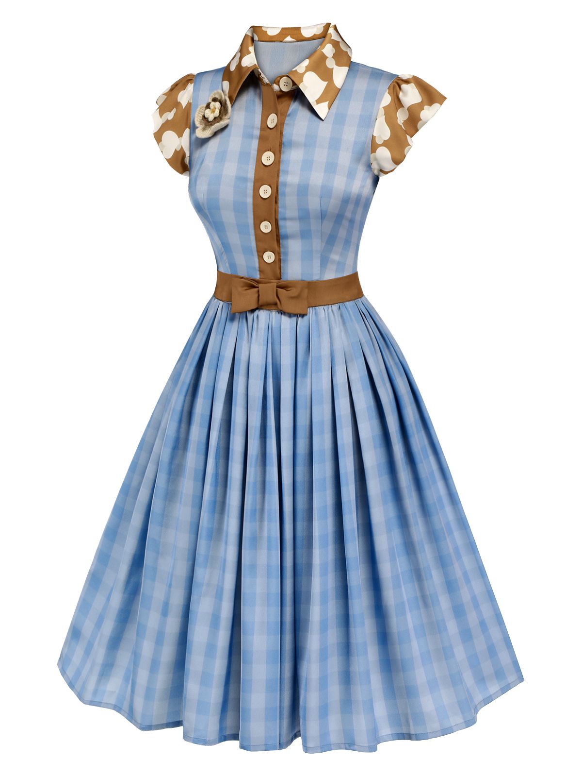 Blue Lapel Bow Decor Plaids Patchwork Dress