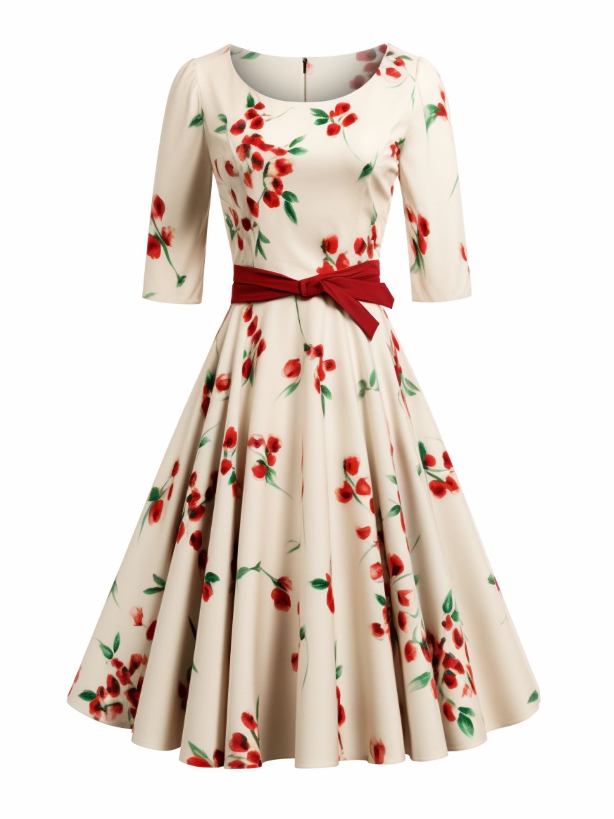 Beige Floral Half Sleeve Belted Dress