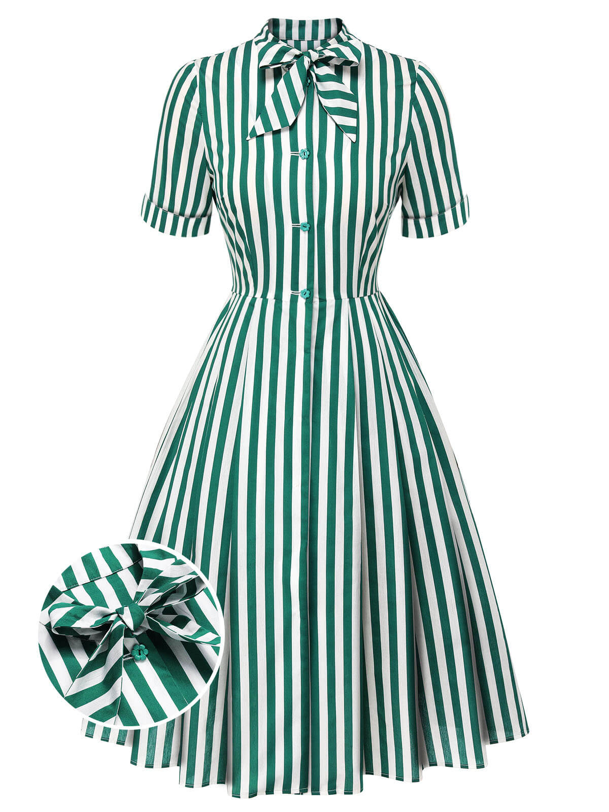 Dark Green Tie Neck Striped Dress