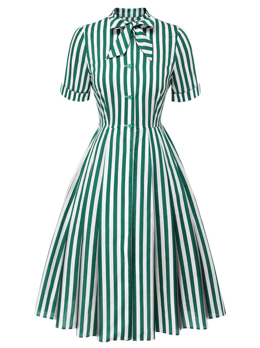 Dark Green Tie Neck Striped Dress