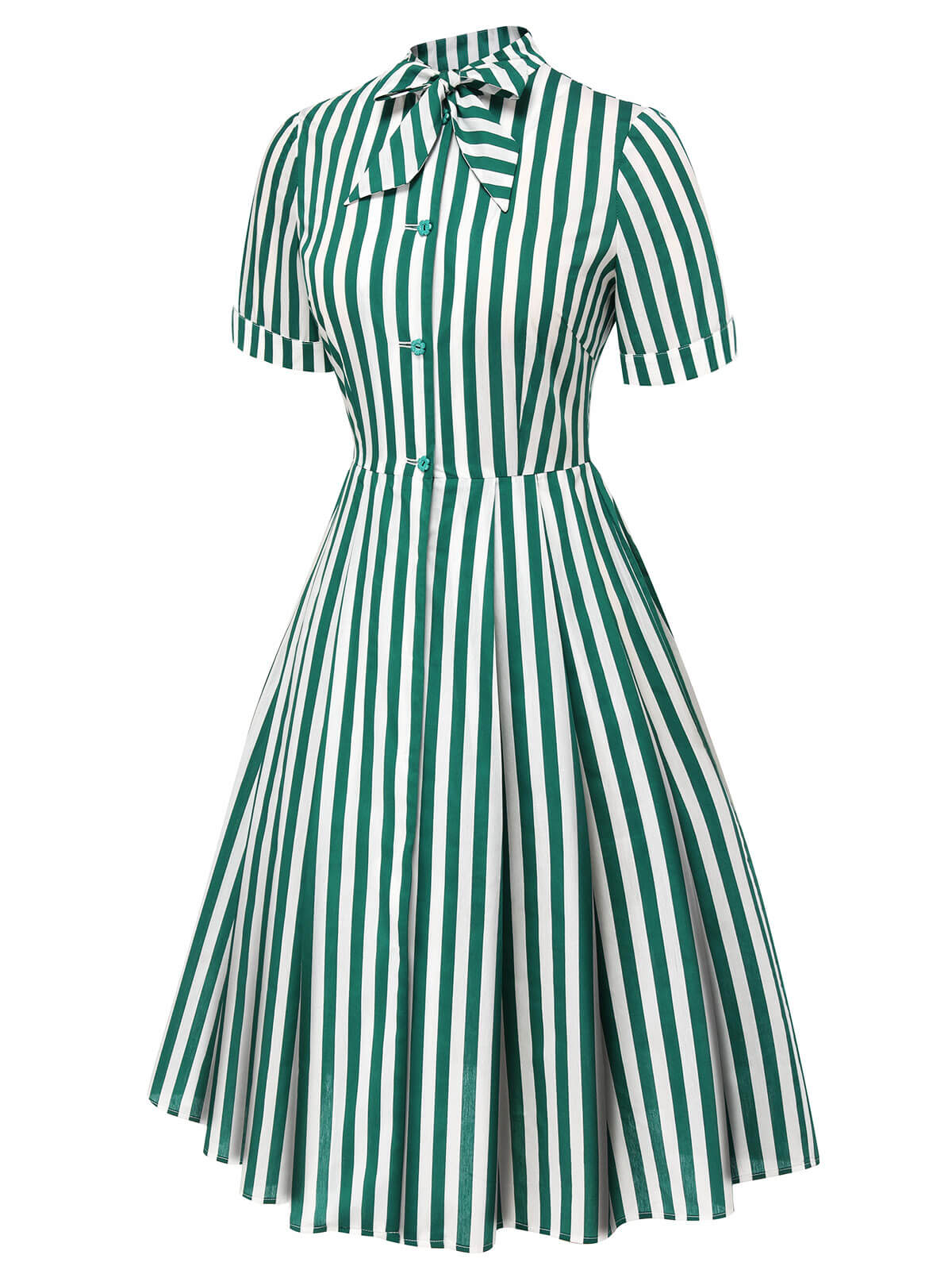 Dark Green Tie Neck Striped Dress