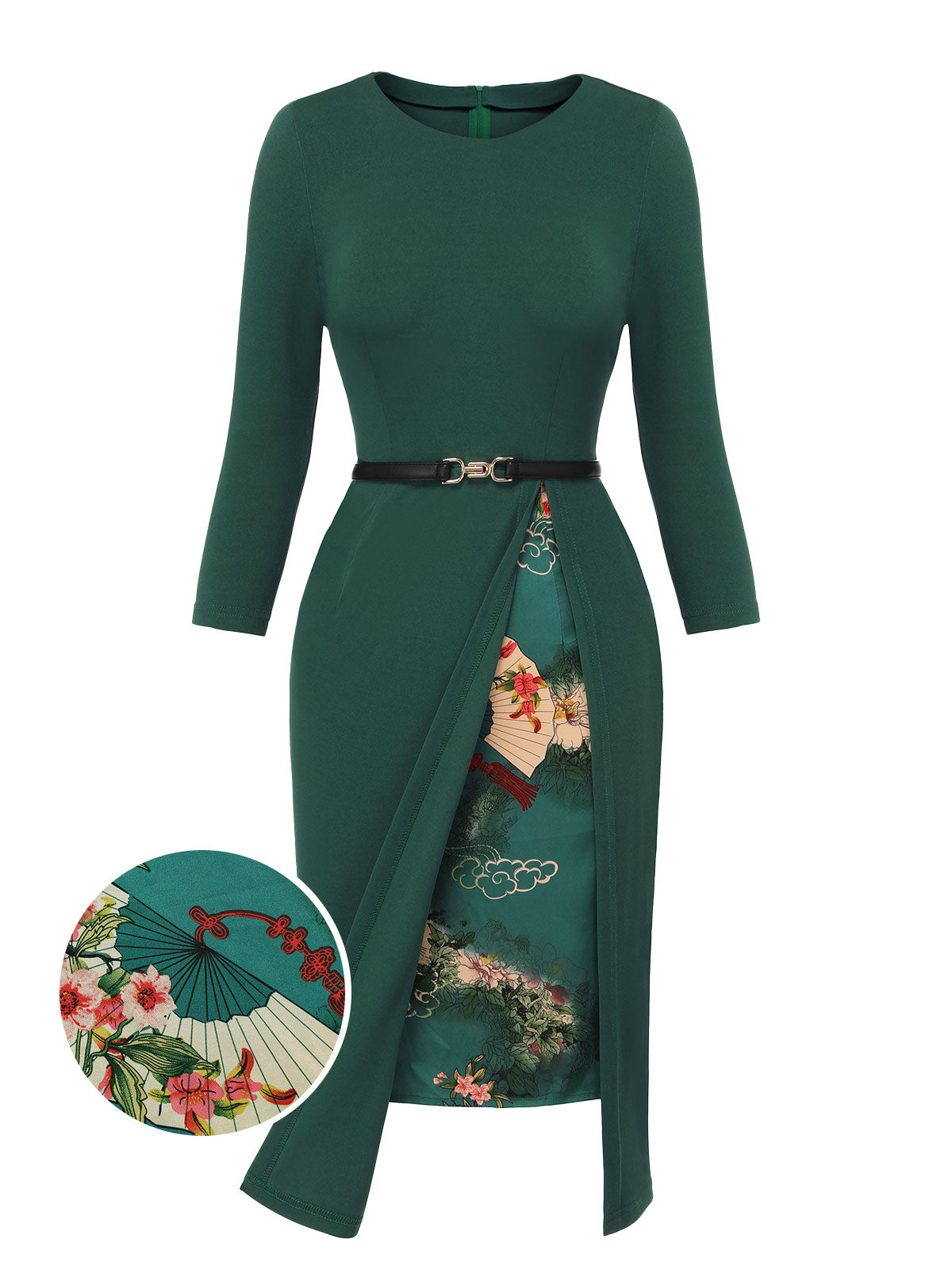 Dark Green Chinese Style Floral Belt Dress