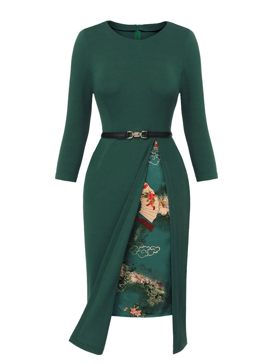 Dark Green Chinese Style Floral Belt Dress