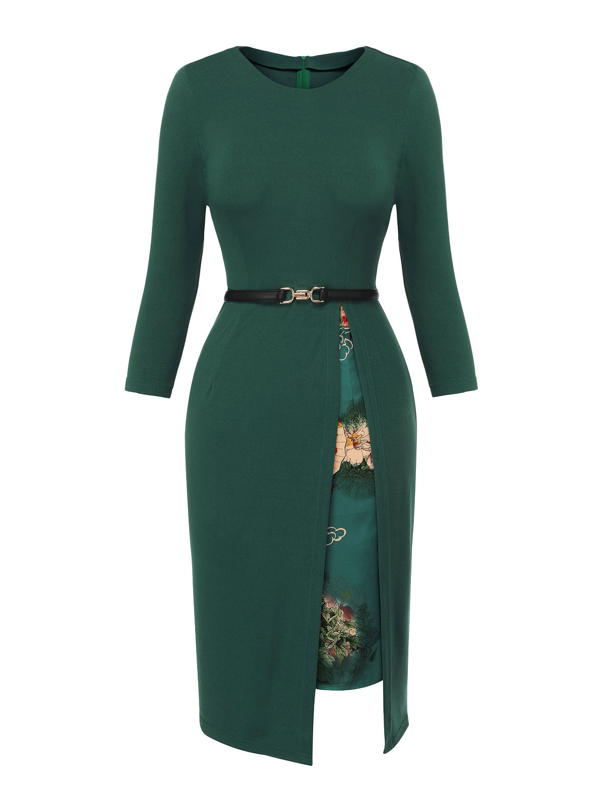 Dark Green Chinese Style Floral Belt Dress