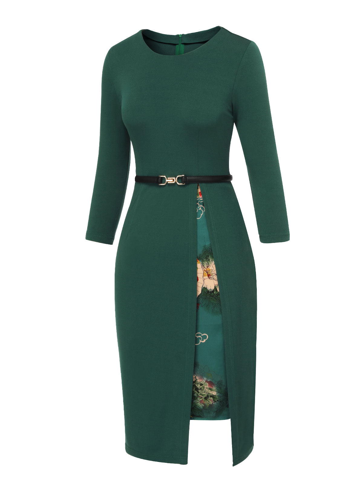 Dark Green Chinese Style Floral Belt Dress