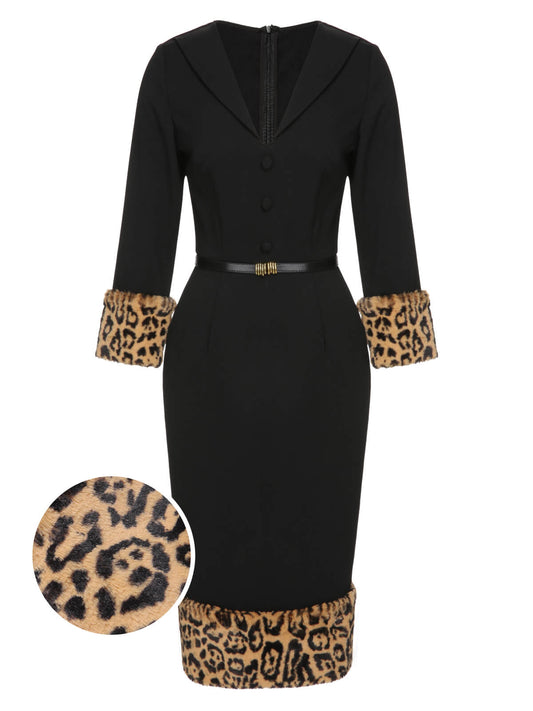 Black  Leopard Plush V-Neck Pencil Dress