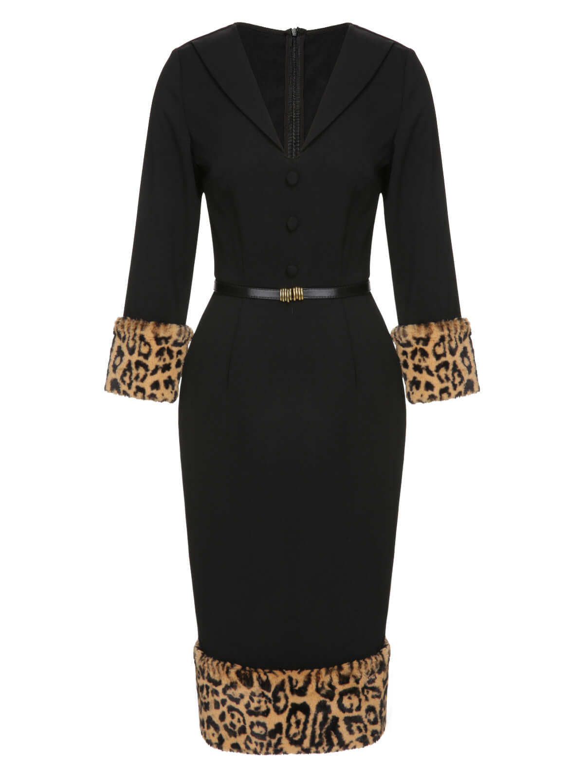 Black  Leopard Plush V-Neck Pencil Dress