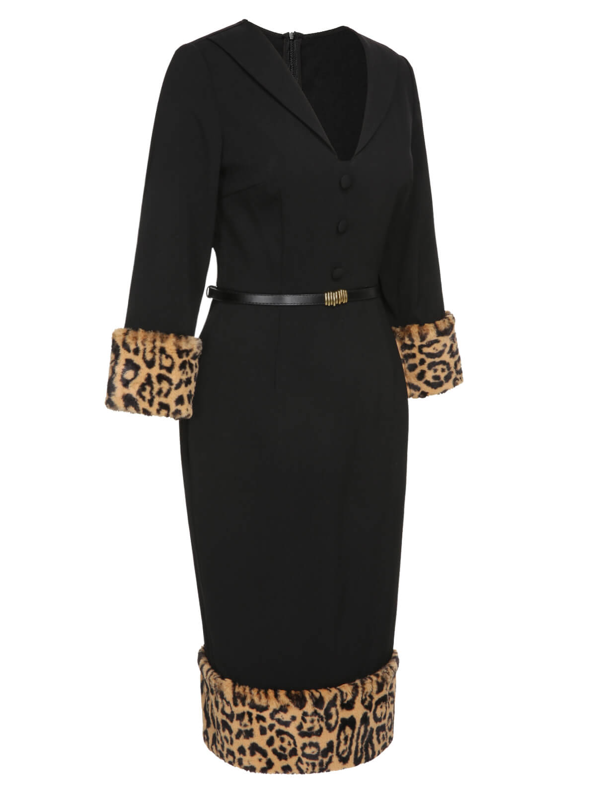 Black  Leopard Plush V-Neck Pencil Dress