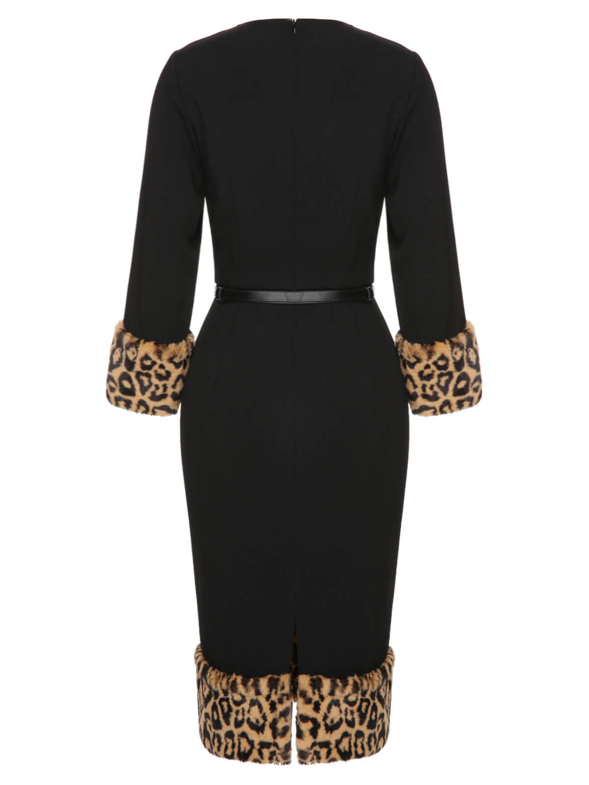 Black  Leopard Plush V-Neck Pencil Dress