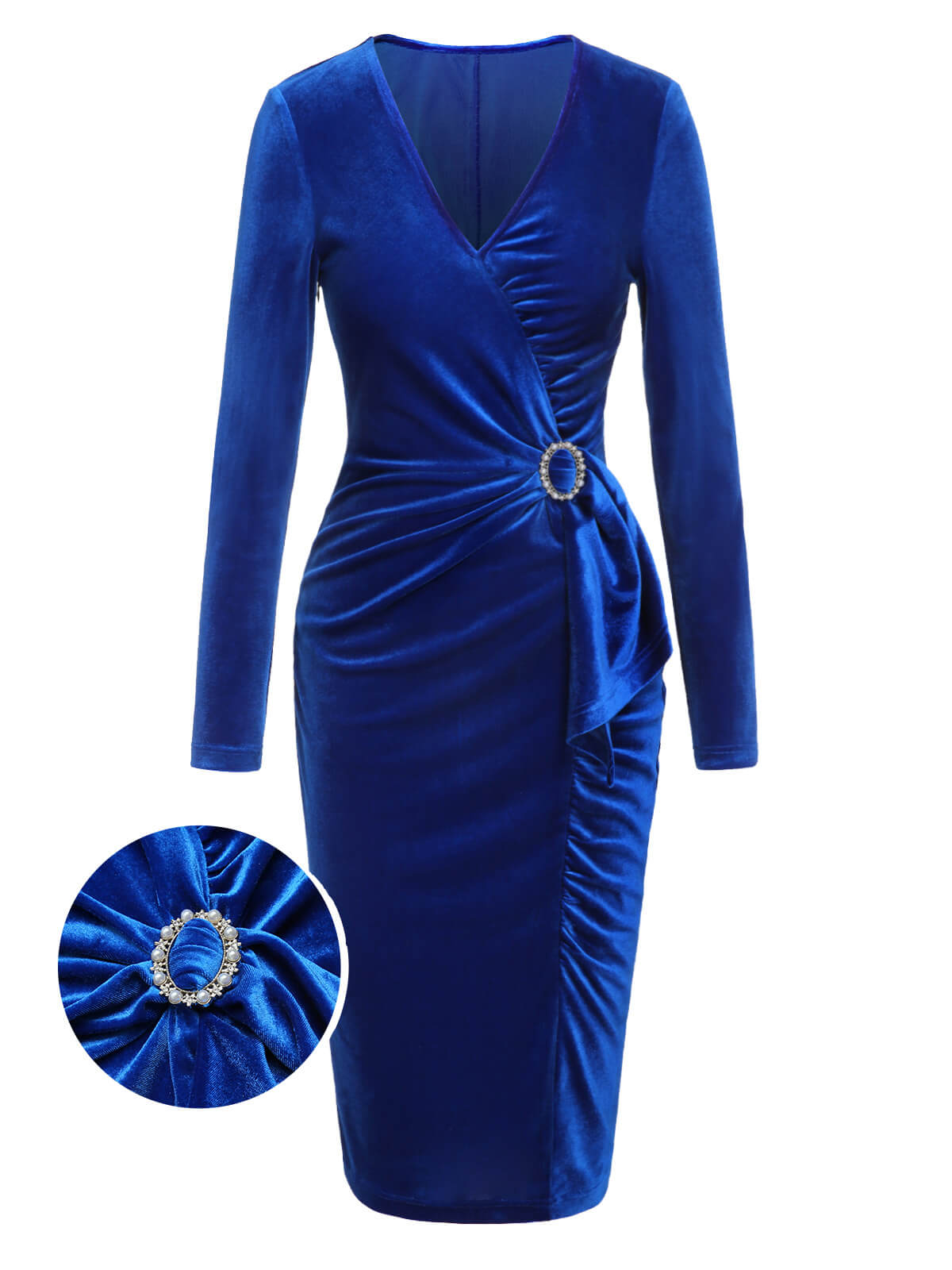 Dark Blue  V-Neck Pleated Velvet Dress