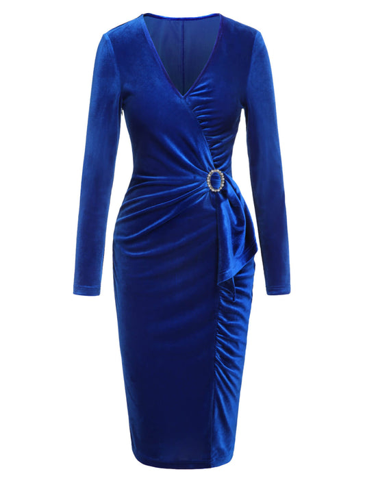 Dark Blue  V-Neck Pleated Velvet Dress