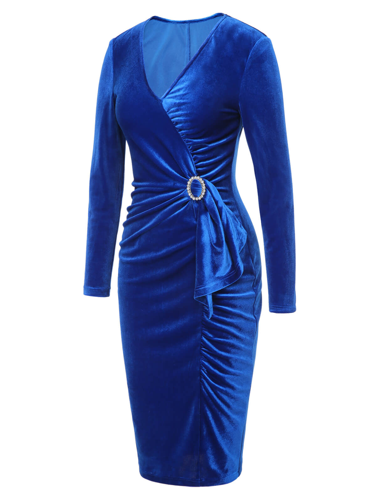 Dark Blue  V-Neck Pleated Velvet Dress