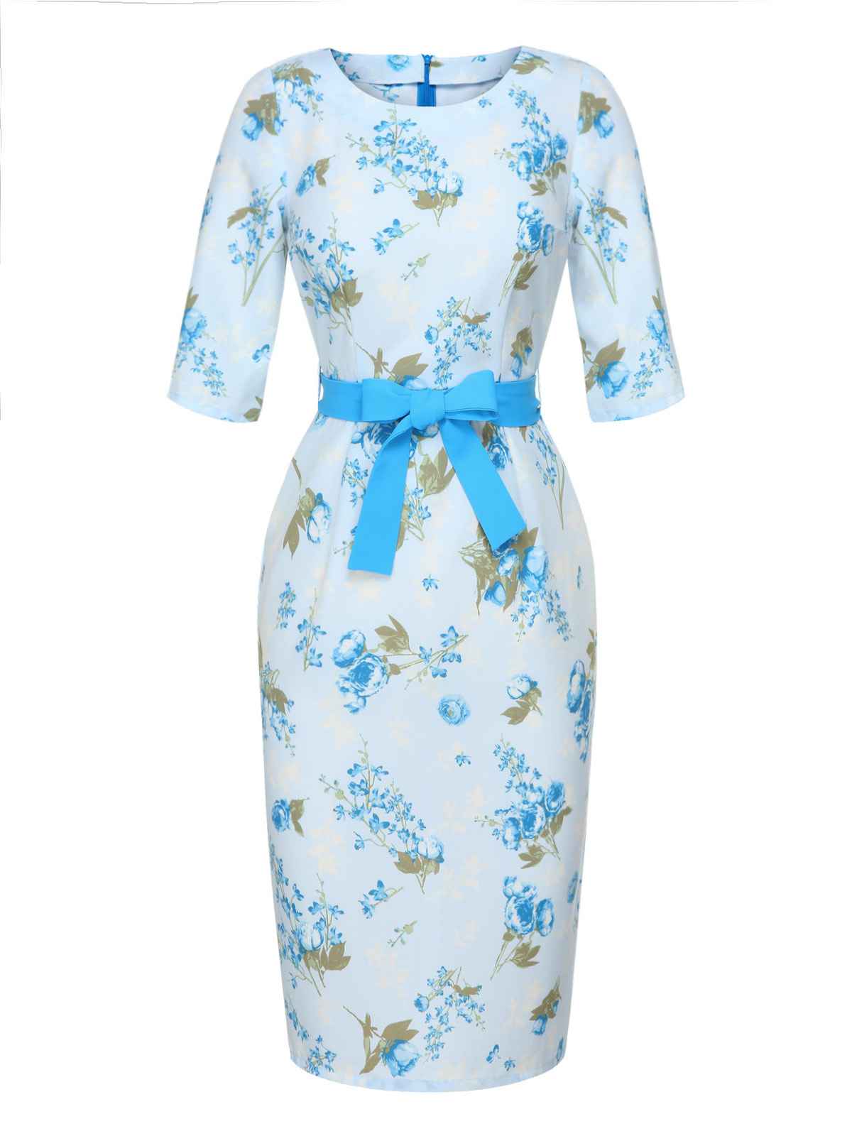 Sky Blue  Floral Belted Pencil Dress