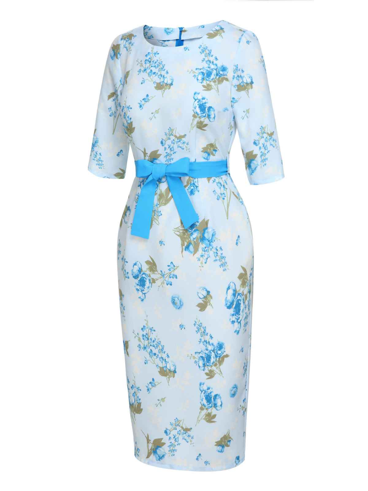 Sky Blue  Floral Belted Pencil Dress