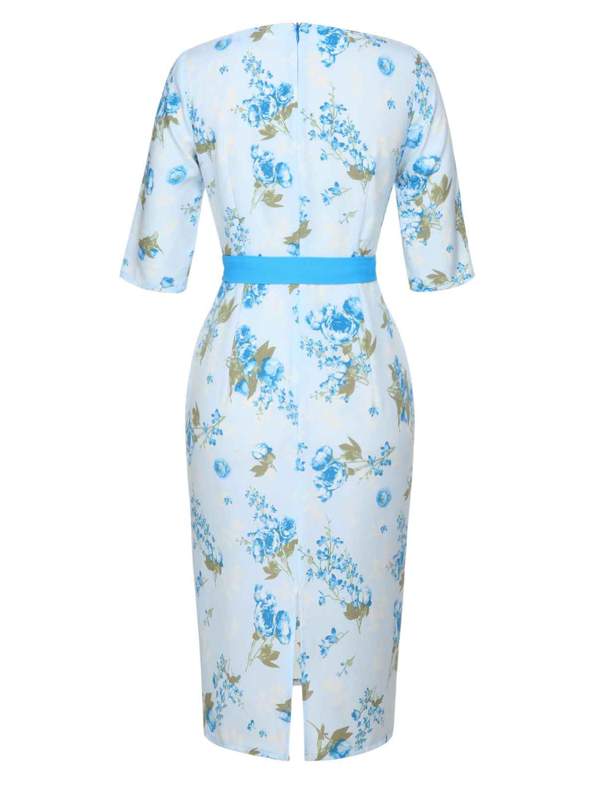 Sky Blue  Floral Belted Pencil Dress