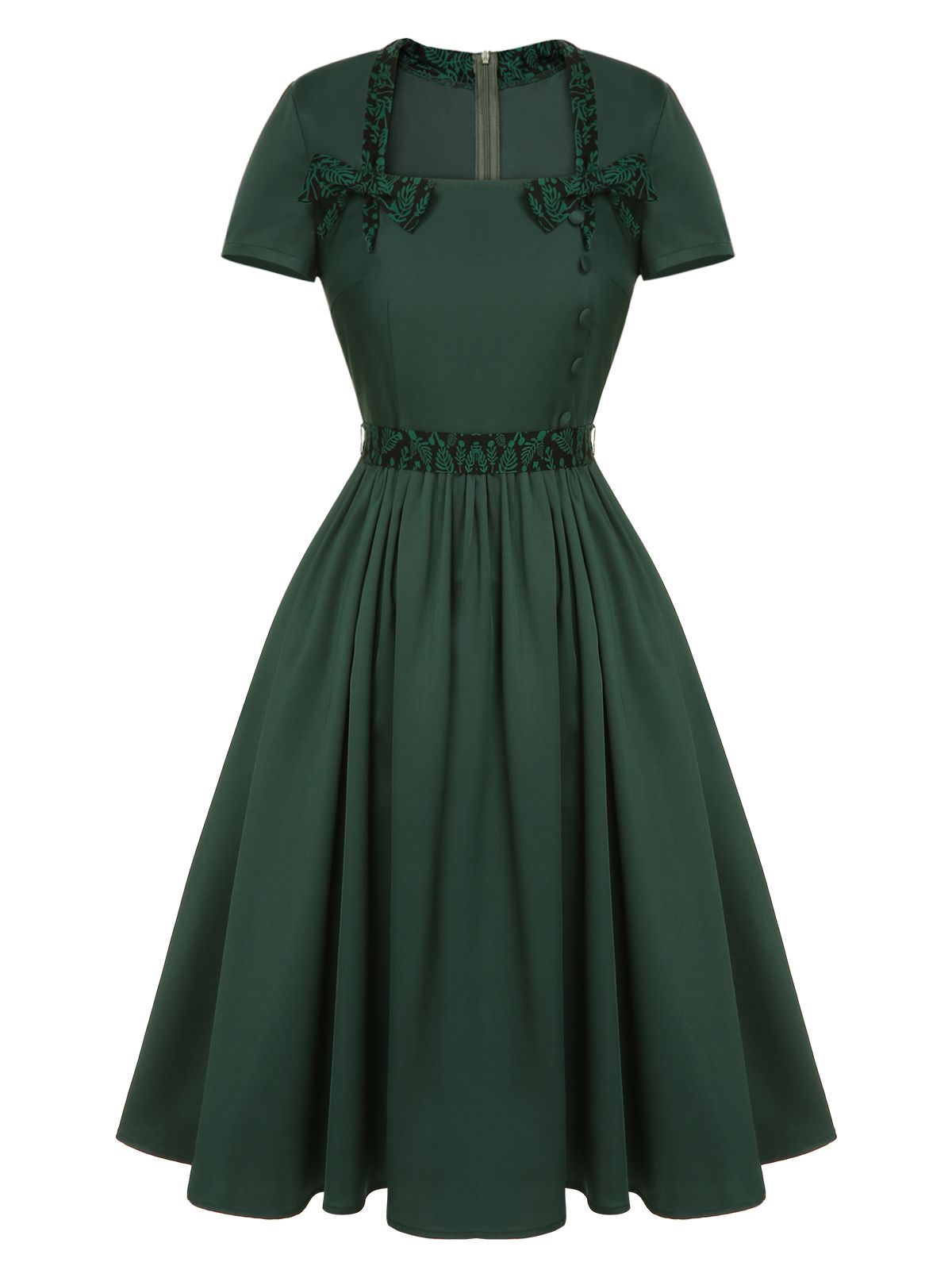 Green Solid Bow Square Collar Dress