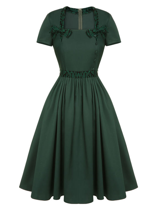 Green Solid Bow Square Collar Dress