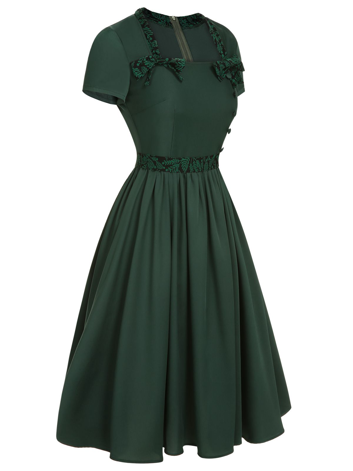 Green Solid Bow Square Collar Dress