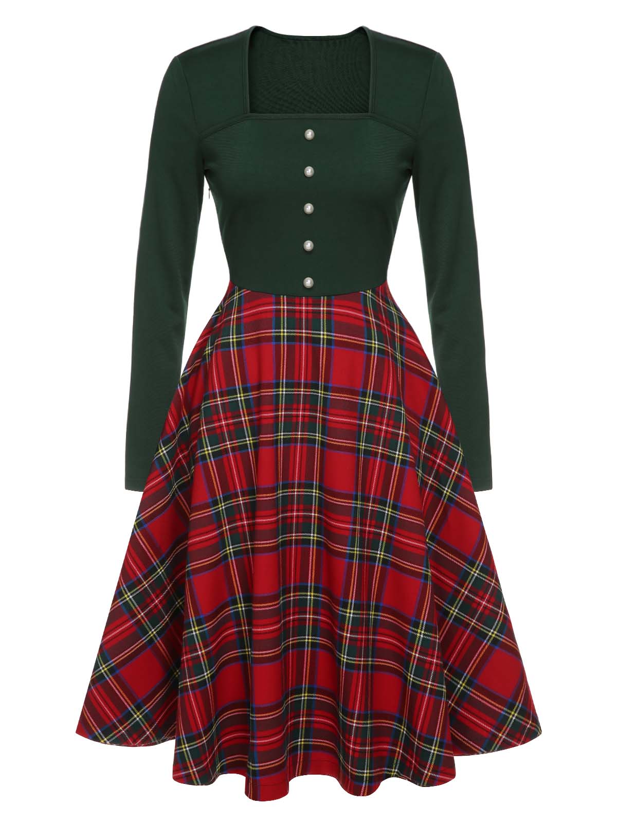 Green&Red Square Neck Plaids Long Sleeve Dress