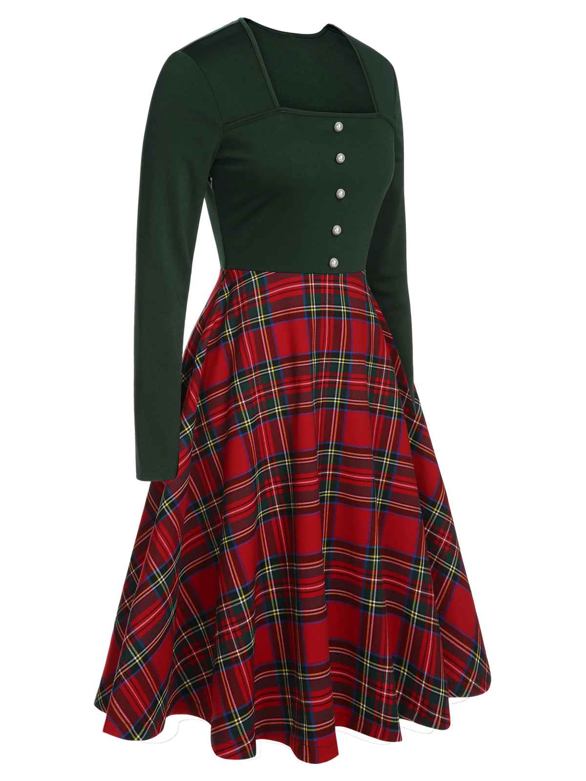 Green&Red Square Neck Plaids Long Sleeve Dress