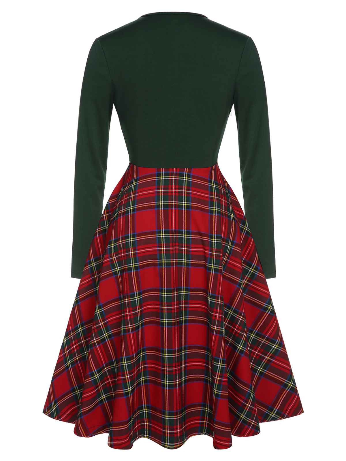 Green&Red Square Neck Plaids Long Sleeve Dress