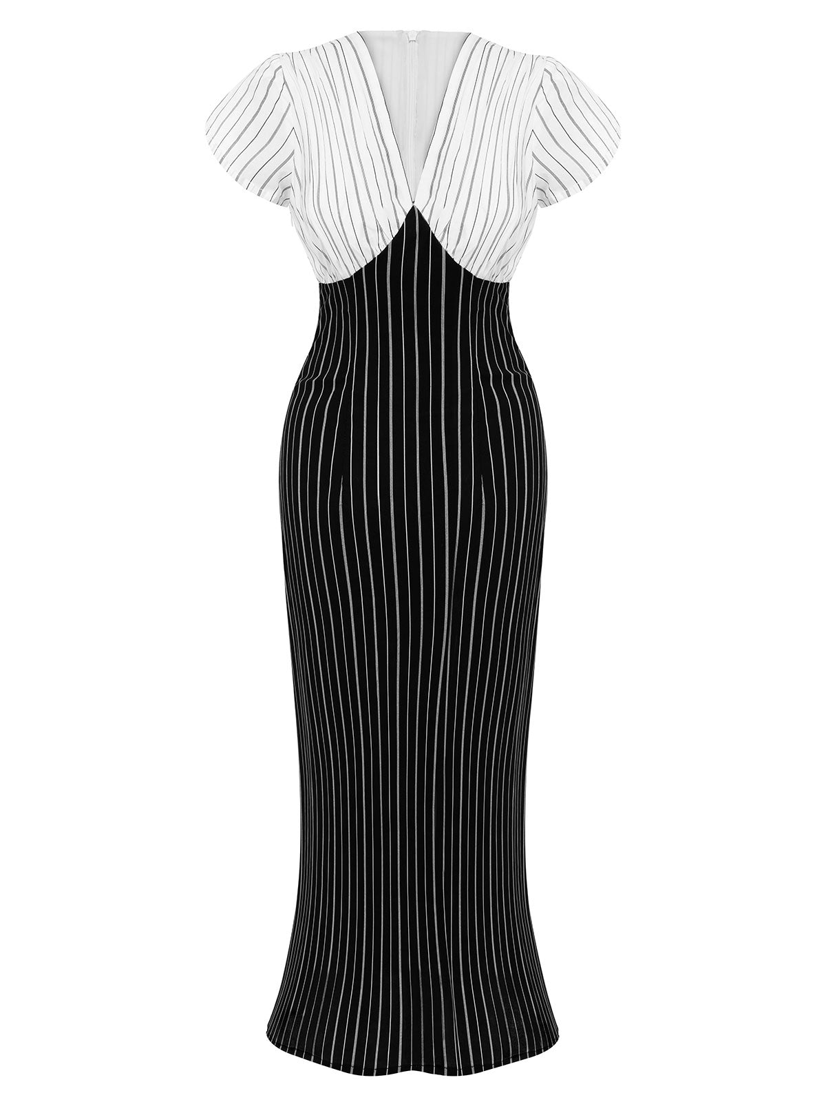 Black&White Striped Deep V-Neck Patchwork Dress