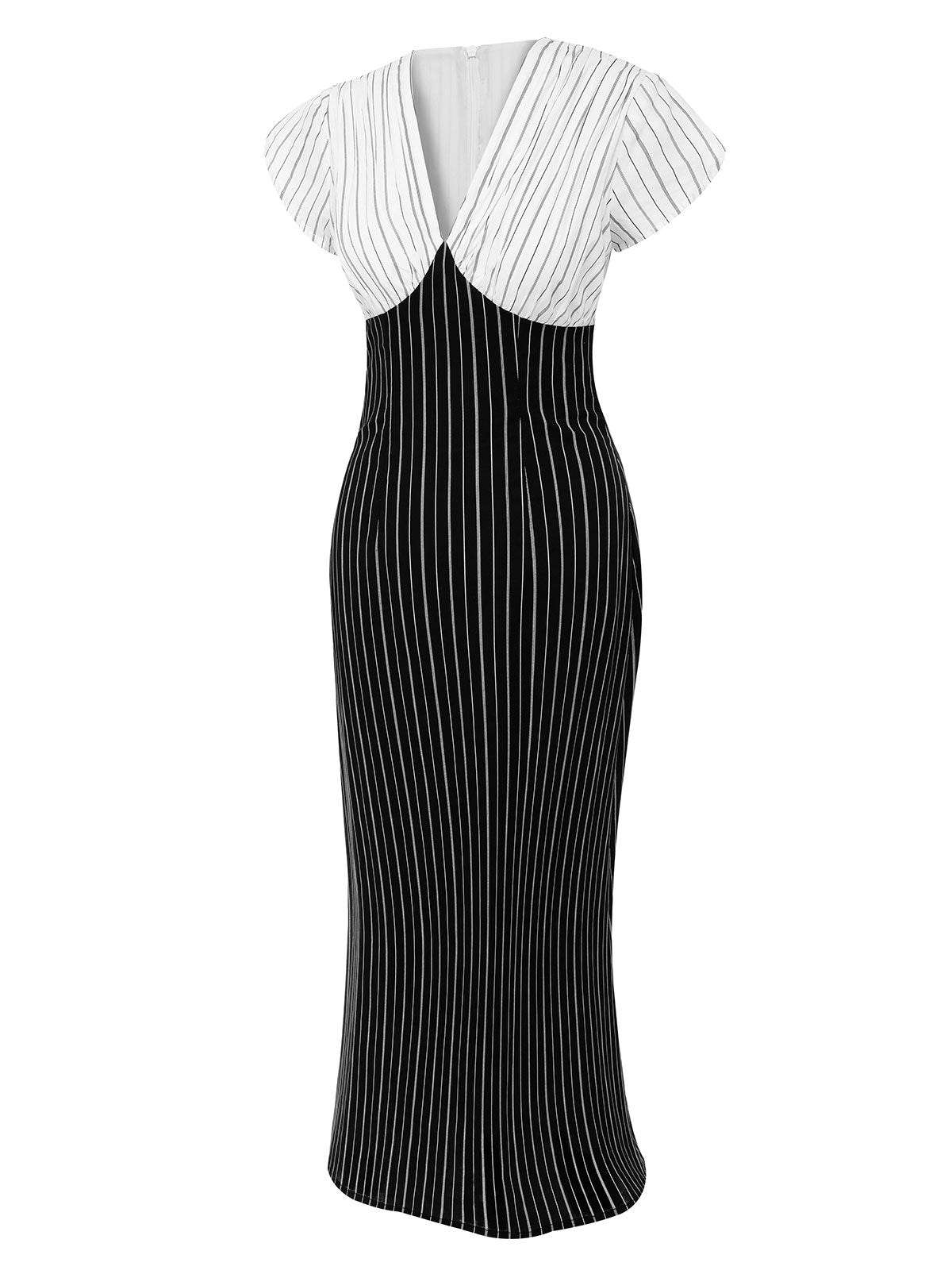 Black&White Striped Deep V-Neck Patchwork Dress