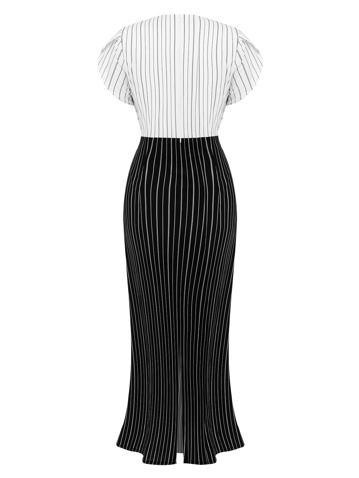 Black&White Striped Deep V-Neck Patchwork Dress