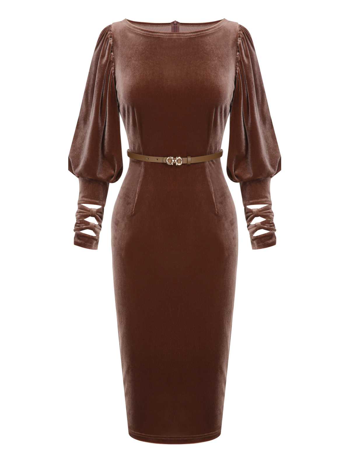 Dark Brown  Puff Sleeve Velvet Belted Dress