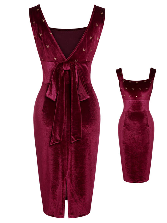 Wine Red  Velvet Elk Bow Dress