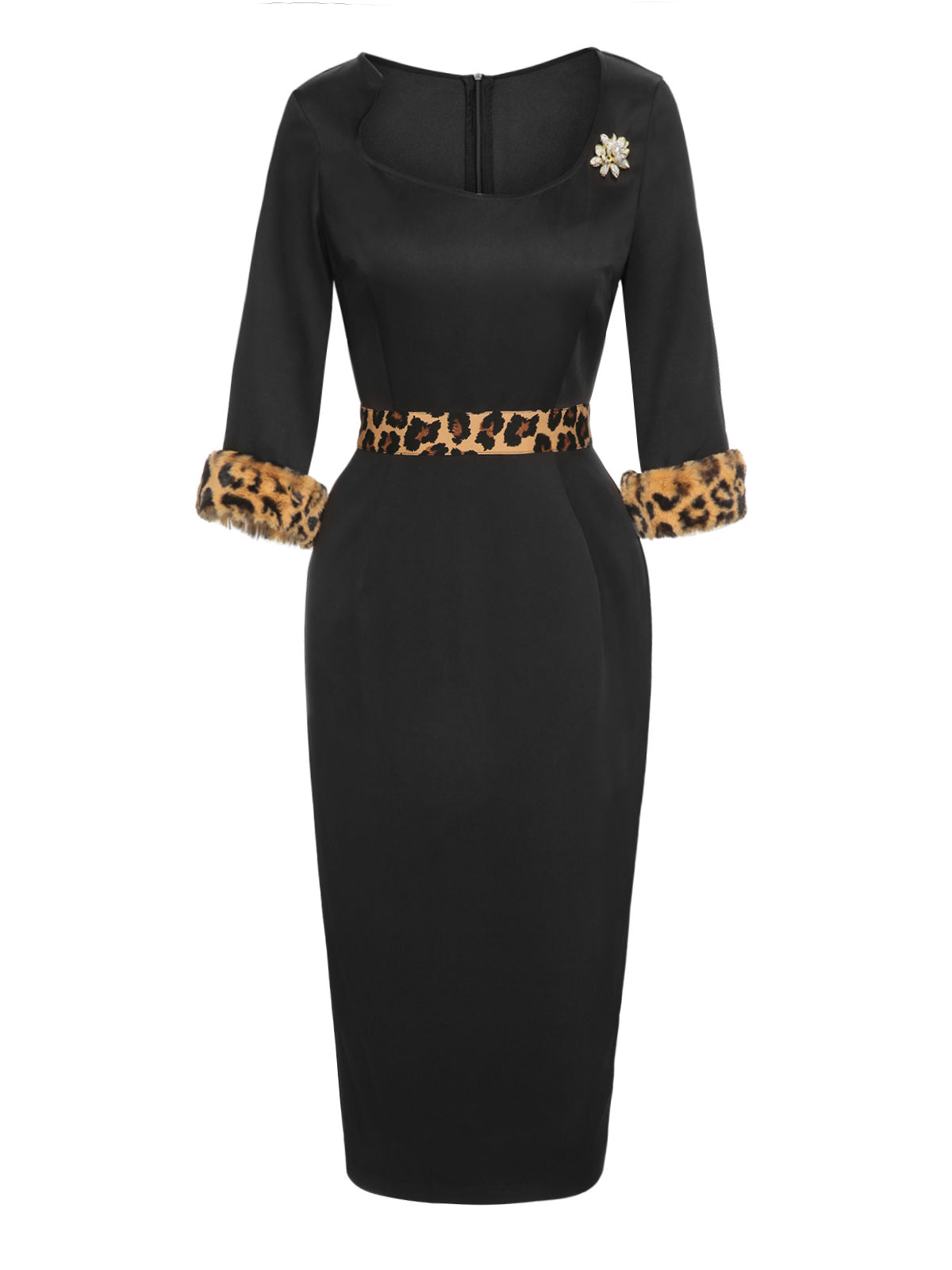 Black  Raw Hem Leopard Asymmetric Wrap Dress