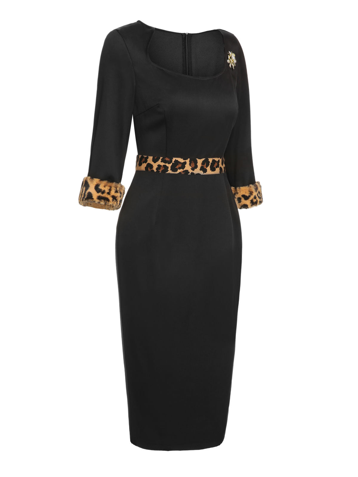 Black  Raw Hem Leopard Asymmetric Wrap Dress