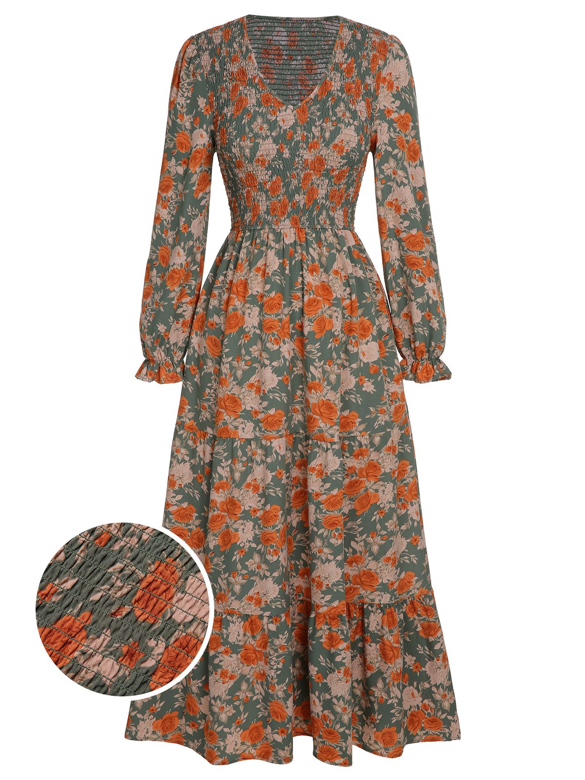 V-Neck Floral Long-Sleeved Dress