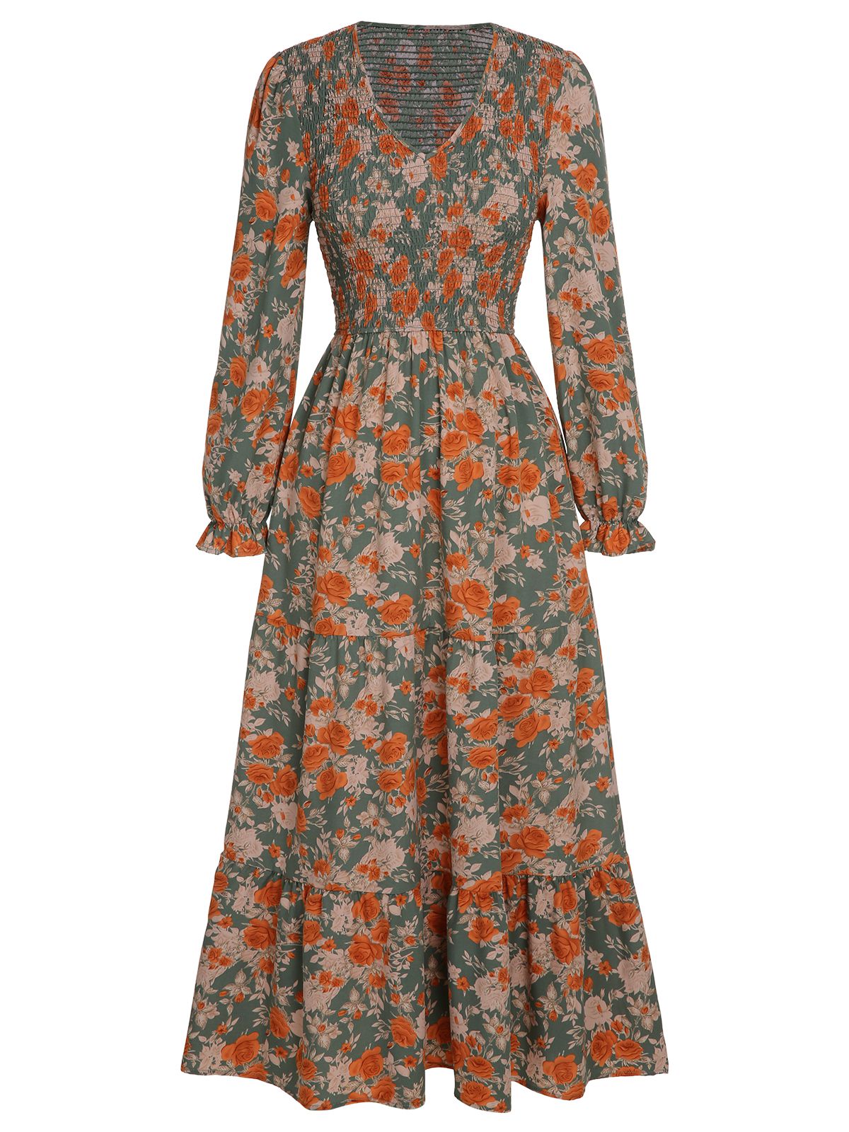 V-Neck Floral Long-Sleeved Dress