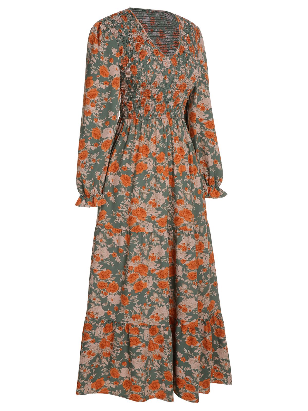 V-Neck Floral Long-Sleeved Dress