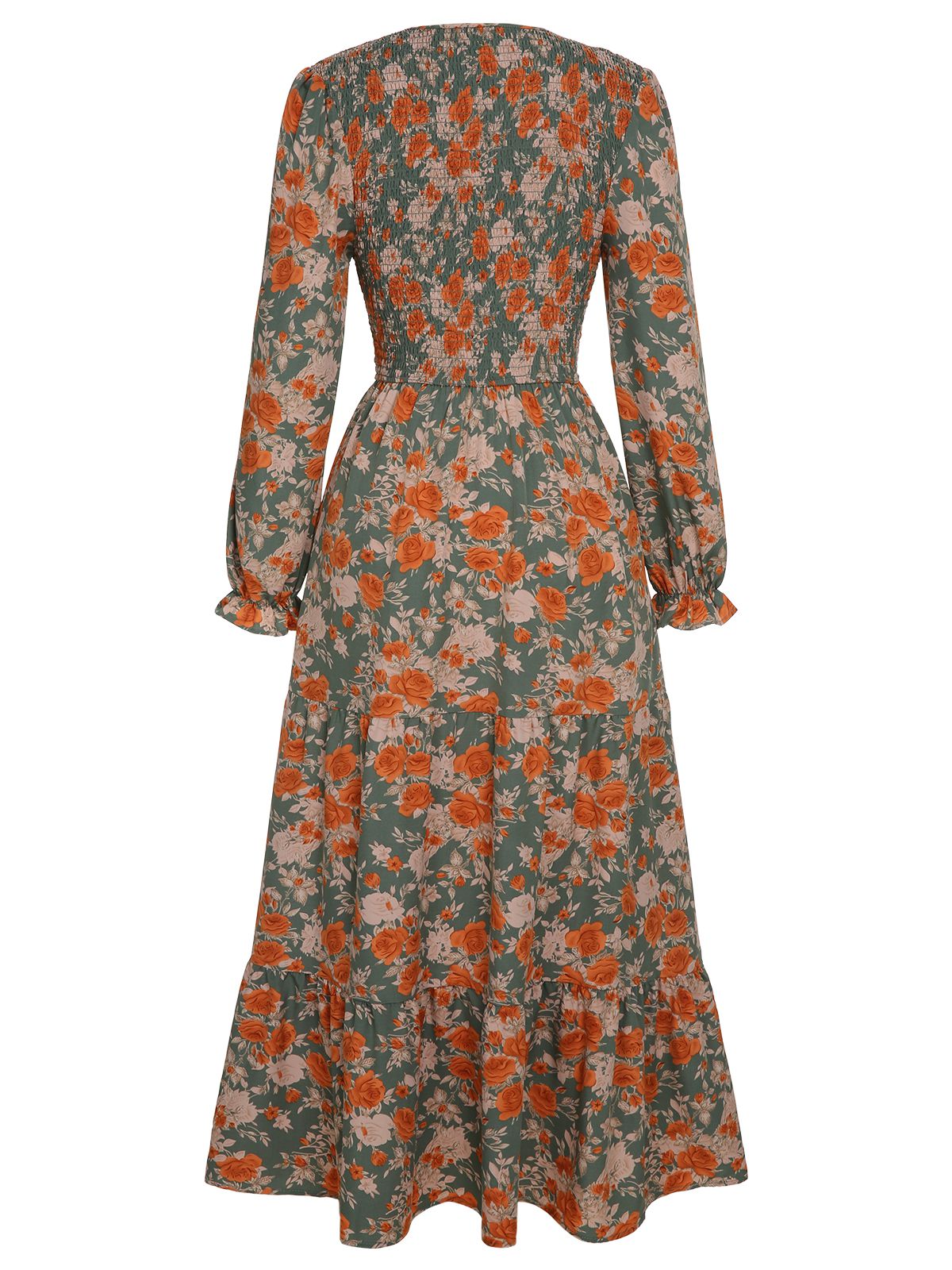 V-Neck Floral Long-Sleeved Dress