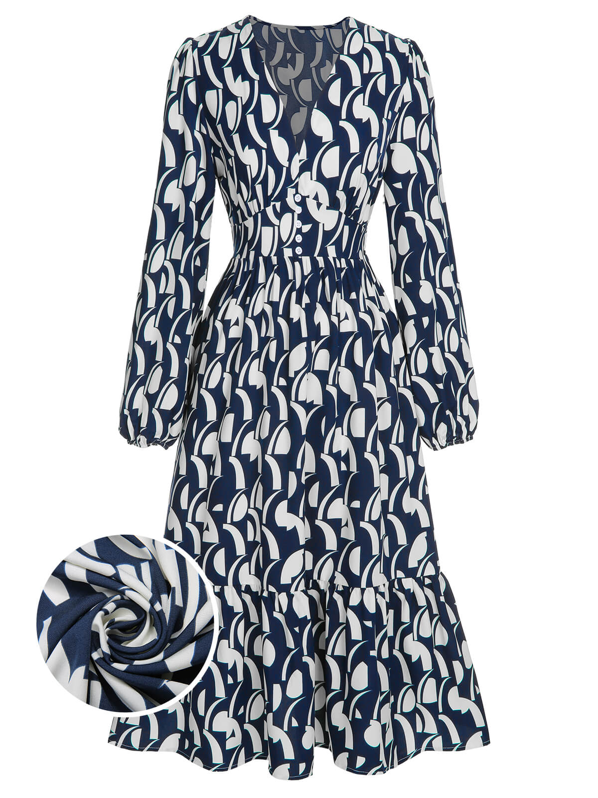 Navy Blue Geometric Printed V-Neck Dress