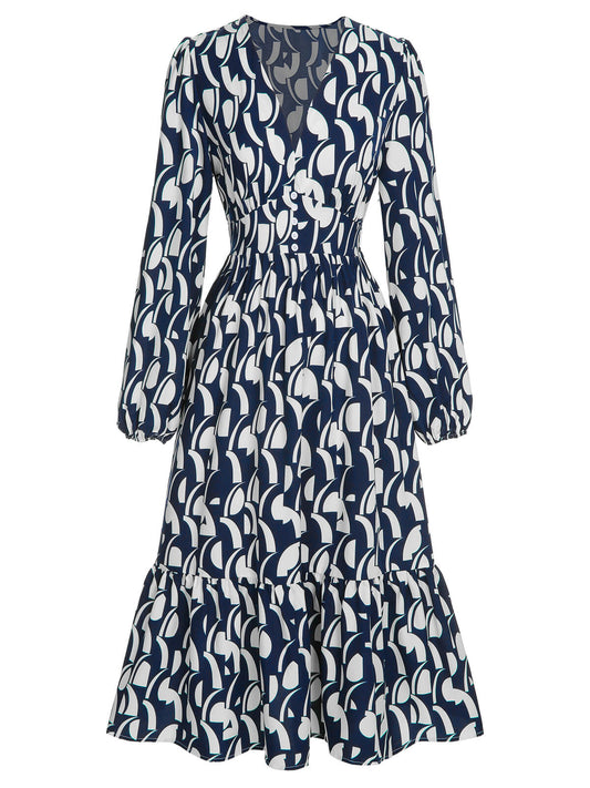 Navy Blue Geometric Printed V-Neck Dress