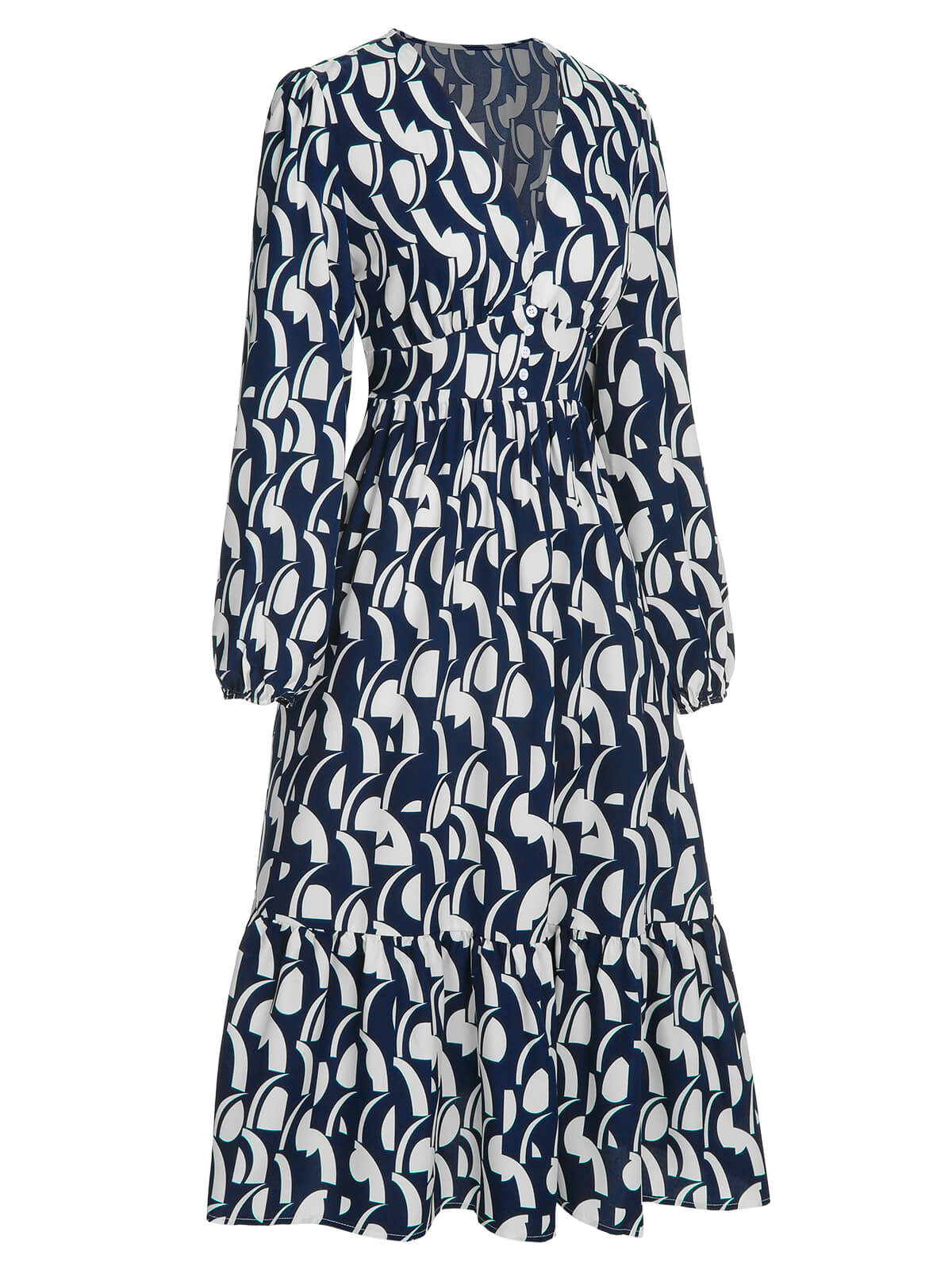 Navy Blue Geometric Printed V-Neck Dress