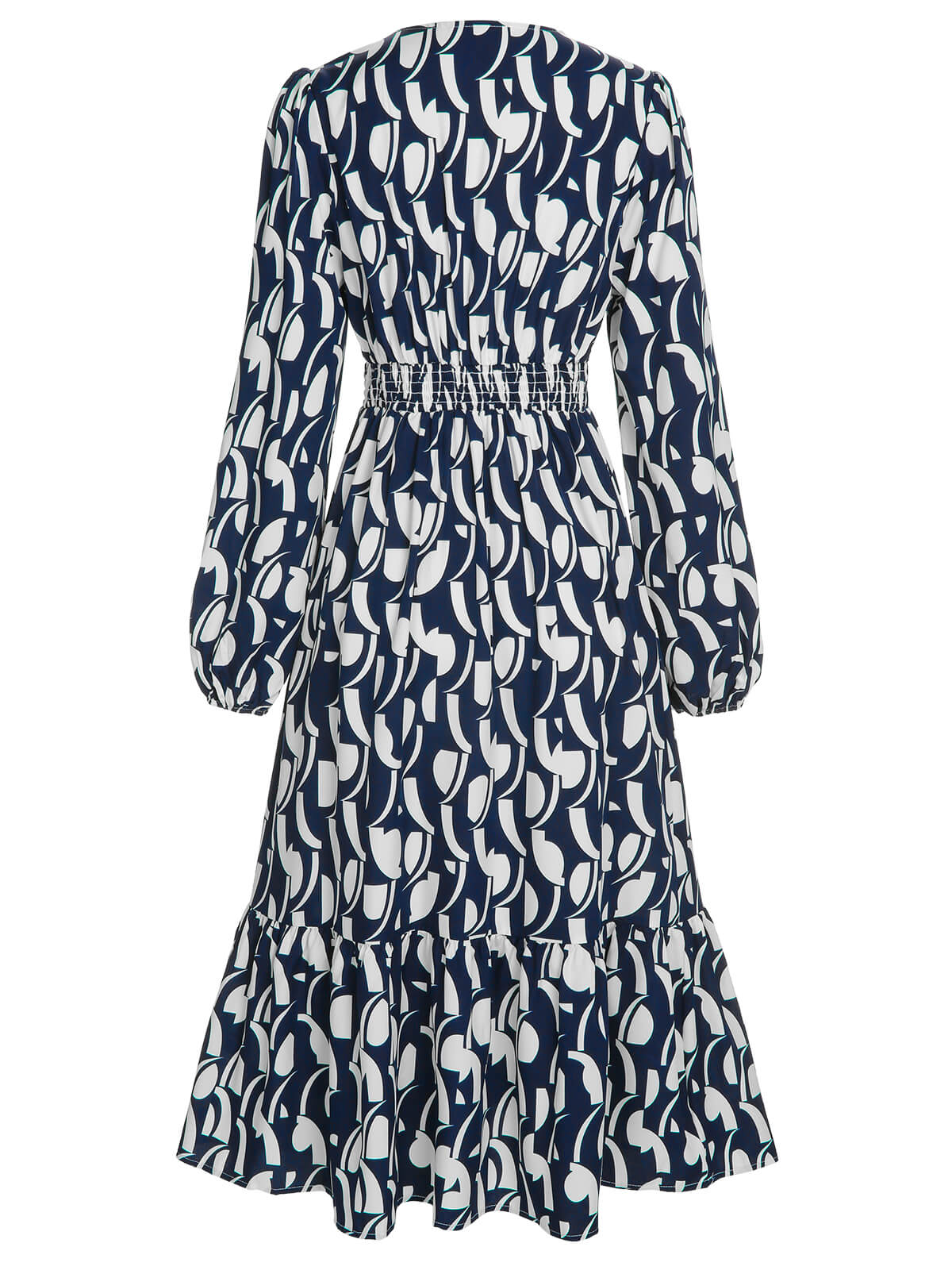 Navy Blue Geometric Printed V-Neck Dress