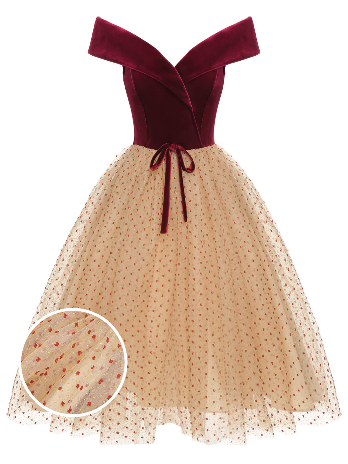 Burgundy Velvet Mesh Polka Dot Dress