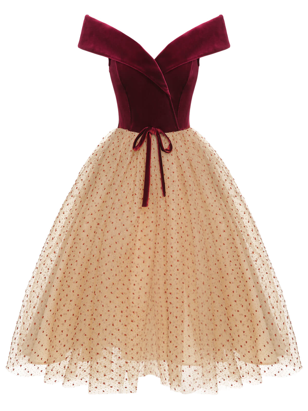 Burgundy Velvet Mesh Polka Dot Dress