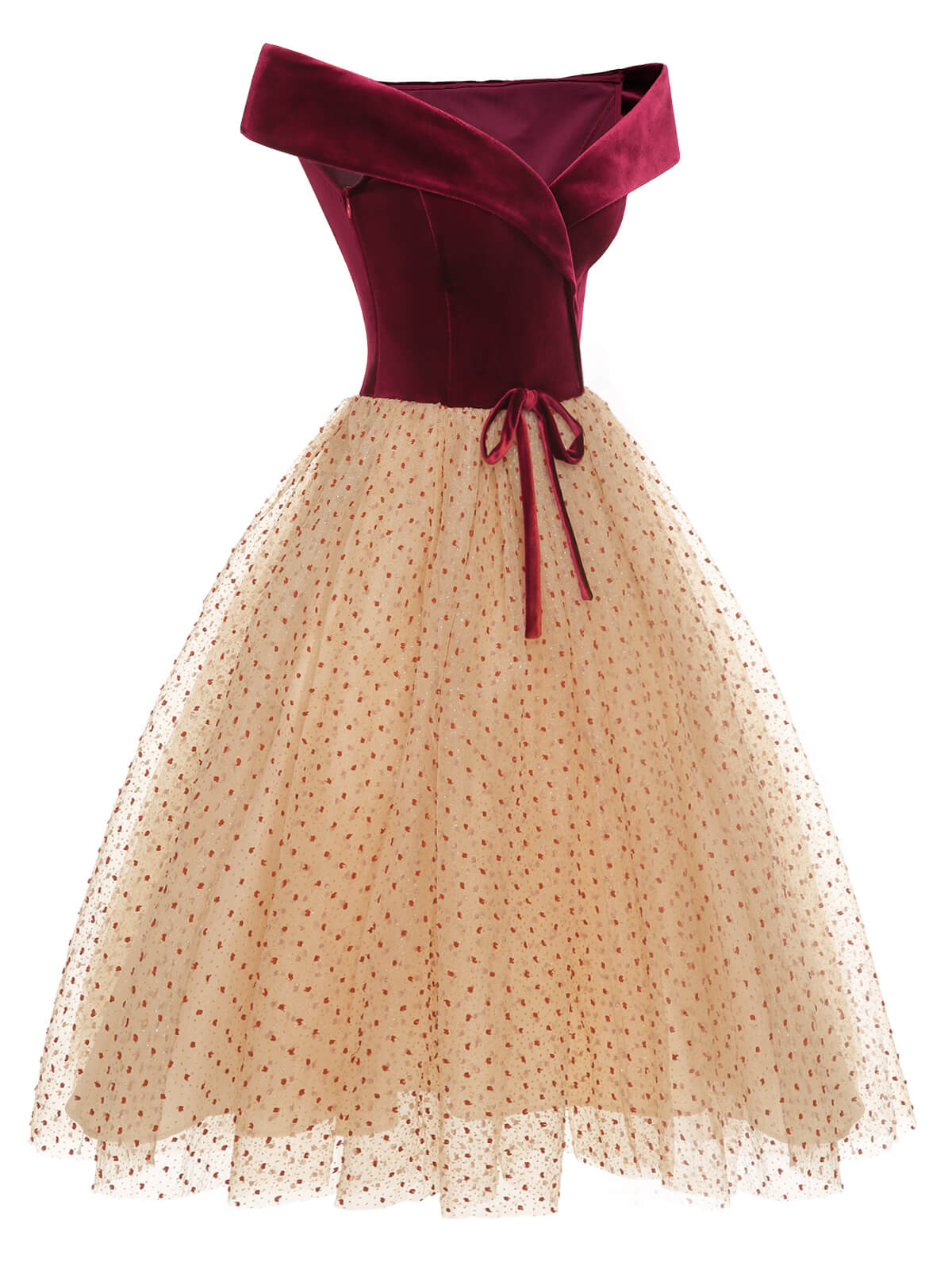 Burgundy Velvet Mesh Polka Dot Dress