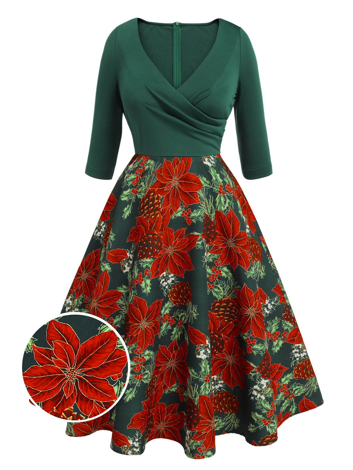 Green V-Neck Floral Patchwork Dress