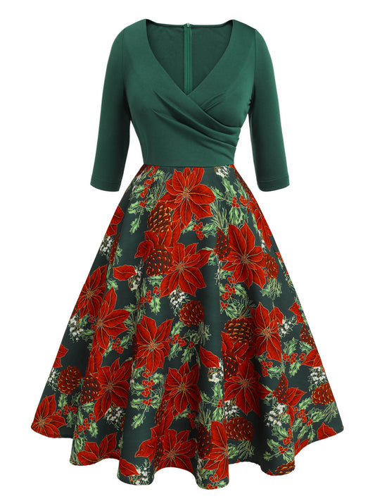 Green V-Neck Floral Patchwork Dress