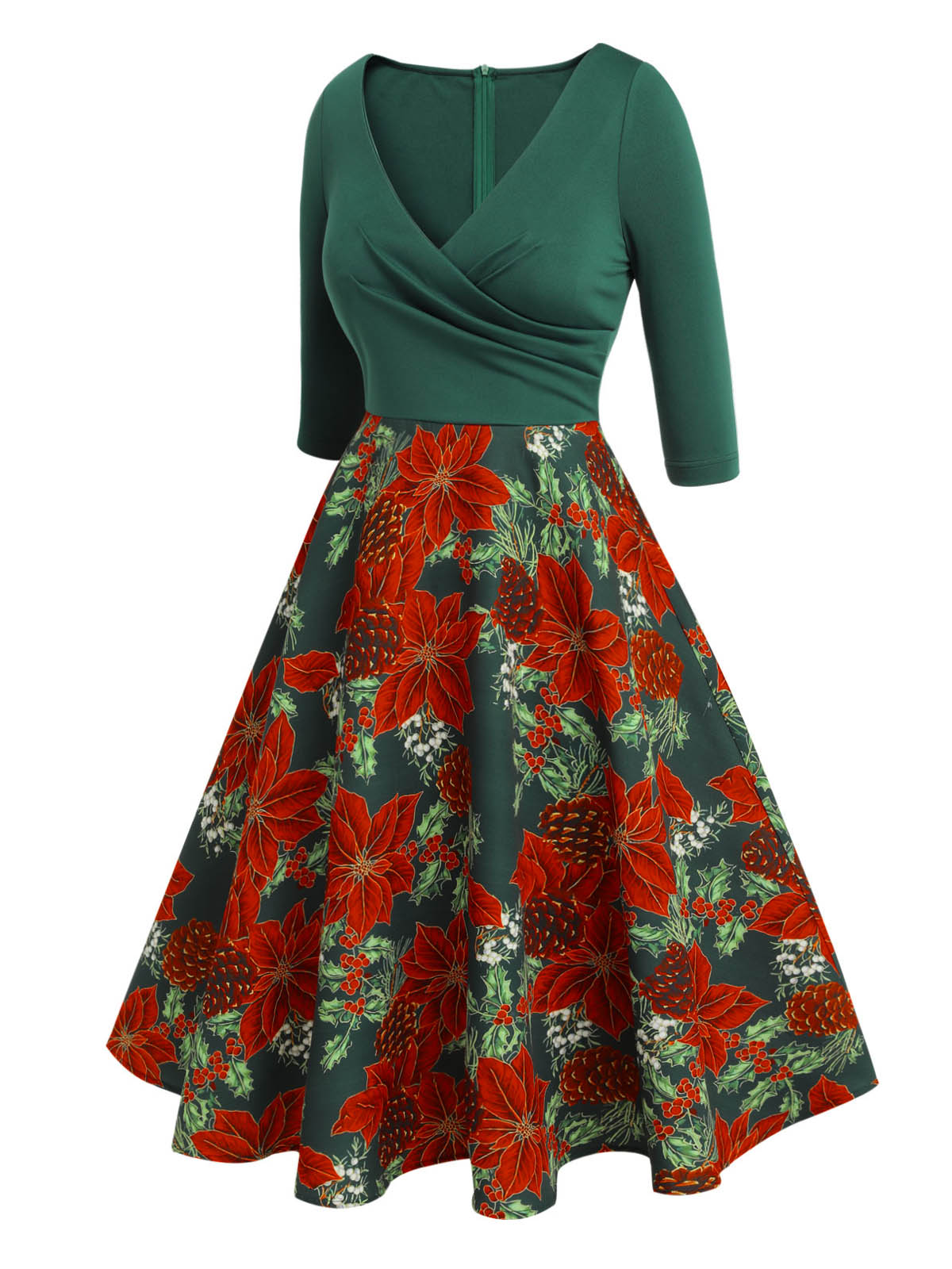 Green V-Neck Floral Patchwork Dress