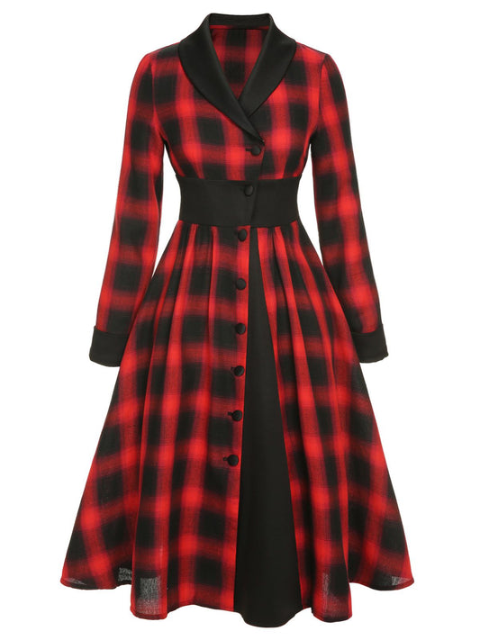 Black&Red Gingham Plaid Button Lapel Dress