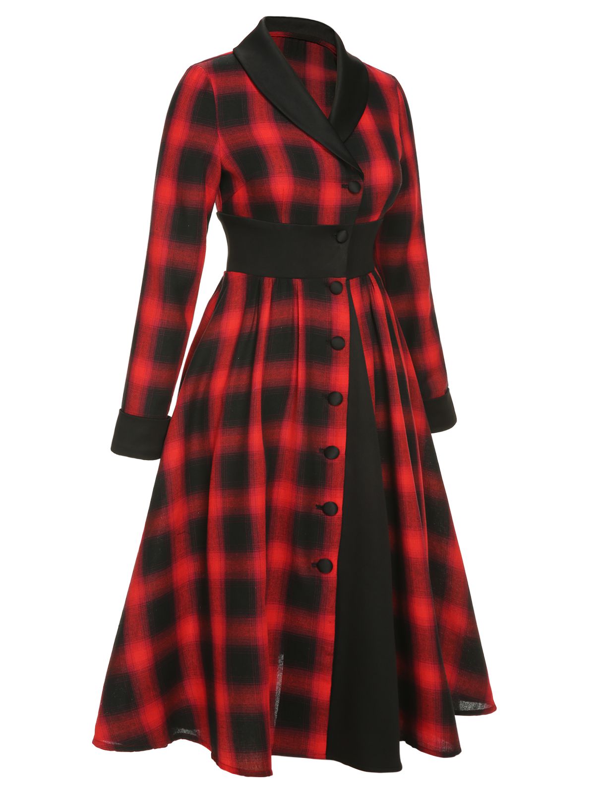 Black&Red Gingham Plaid Button Lapel Dress